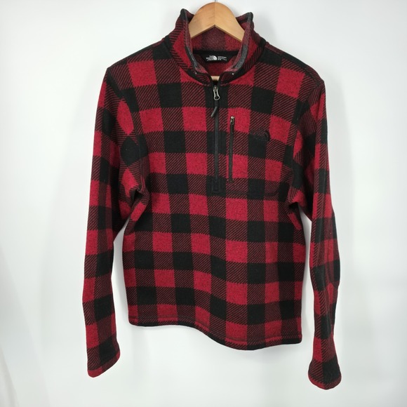 North Face Men's Fleece Jacket 1/2 Zip Mock Neck Buffalo Plaid Red Black Size M - Picture 2 of 8